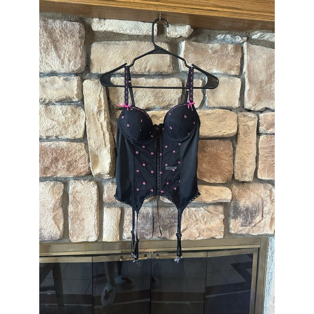 VTG Y2K Rampage Corset Black Pink Stretch Garter Strap Bow Lace Up MicroMesh M/L